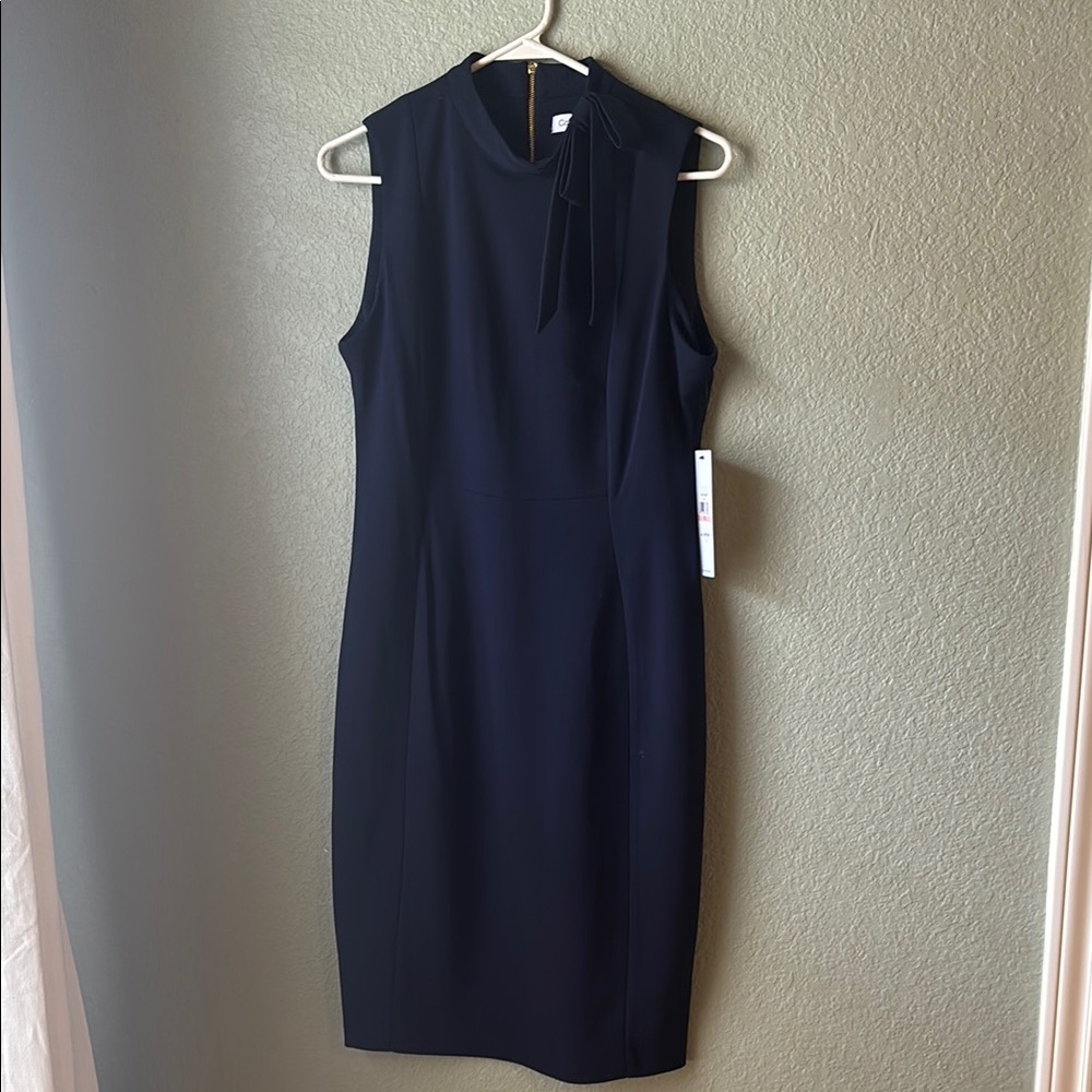 NWT Calvin Klein Blue Sheath Midi Dress Mock Neck Sleeveless